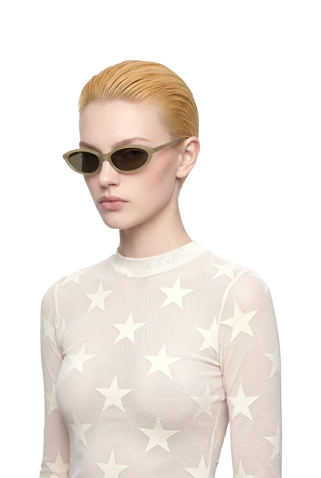Dima dina milky light olive sunglasses feature fresh cat-eye feminine chic
