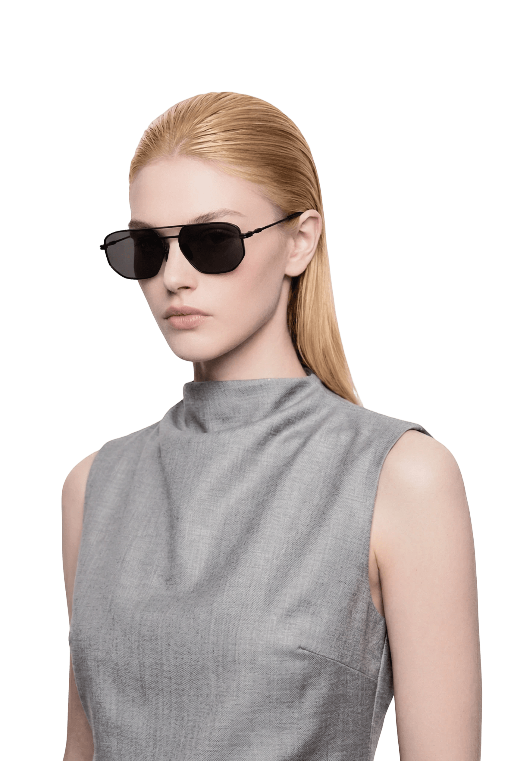 Dima Rydar black aviator sunglasses exude calm feminine poise